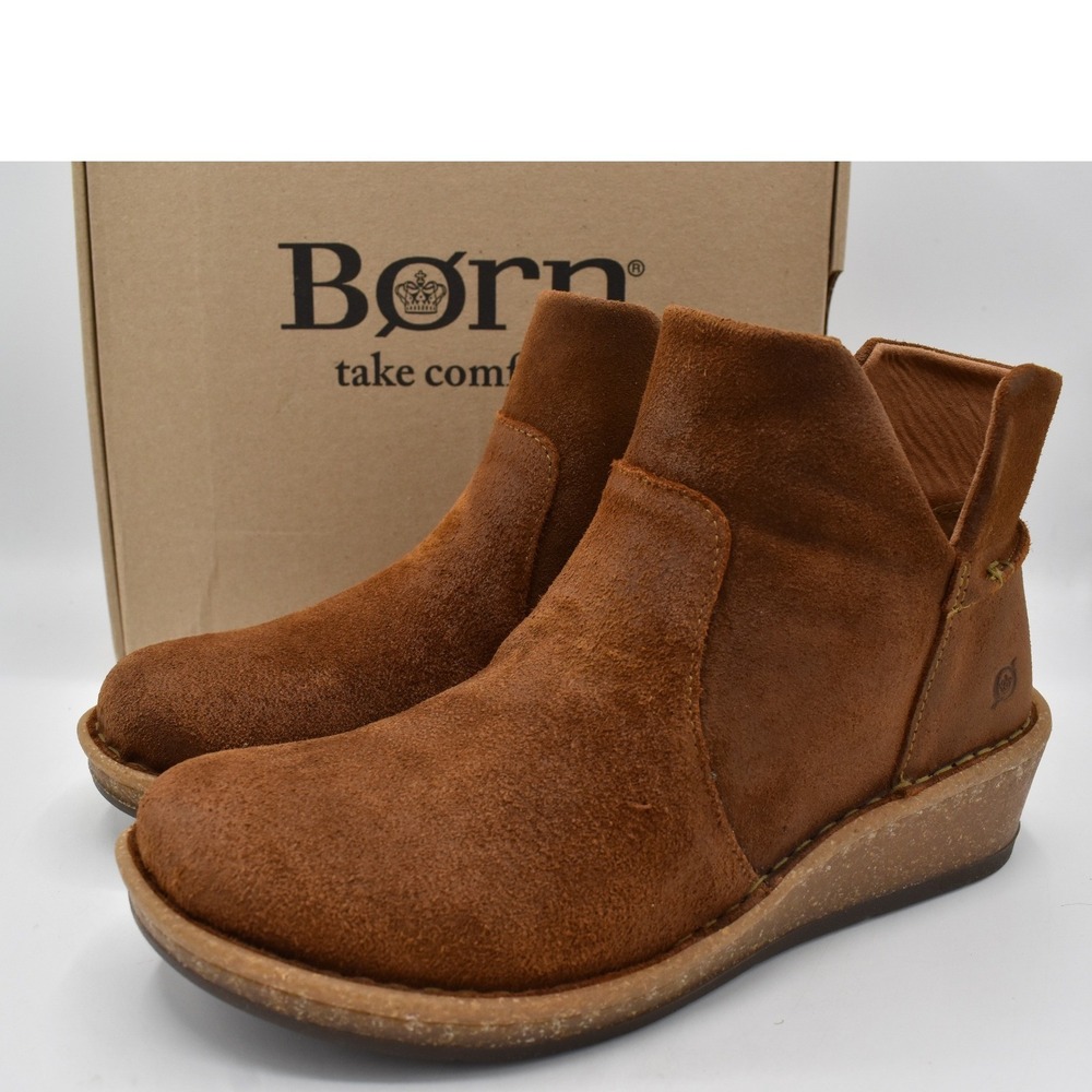 Born Women Size 8 Viv Brown Distressed Leather Zip Western Wedge Booties Boots